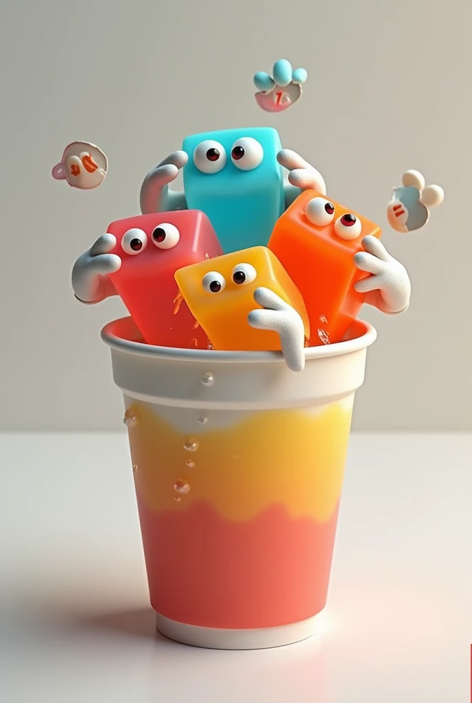 Disposable cup with animated colored gelatin cubes with eyes and hands with white gloves