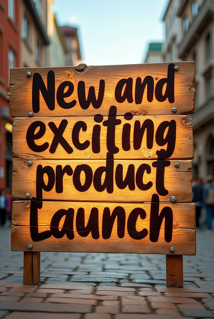 A large eye-catching advertisement featuring a wooden sign facing the camera with the exact words "New and exciting product launch" prominently displayed in a burnt darker colour than the wood. The words are cut out in 3D, bold, and cursive typography, the sign should be exciting as it is a new product launch