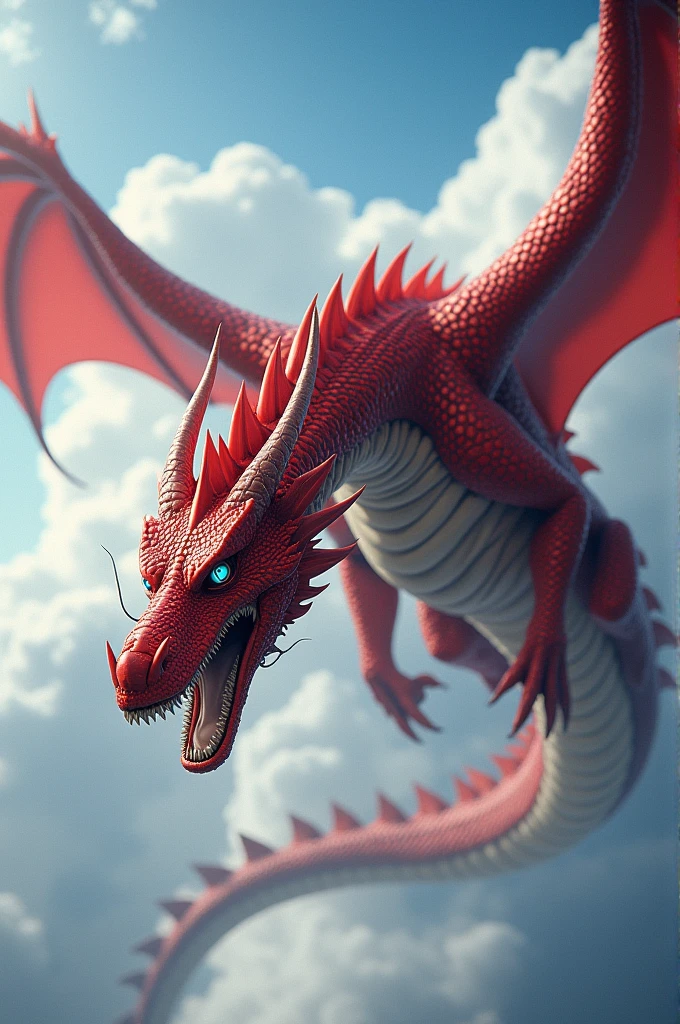 A large red dragon with aquamarine eyes, flying