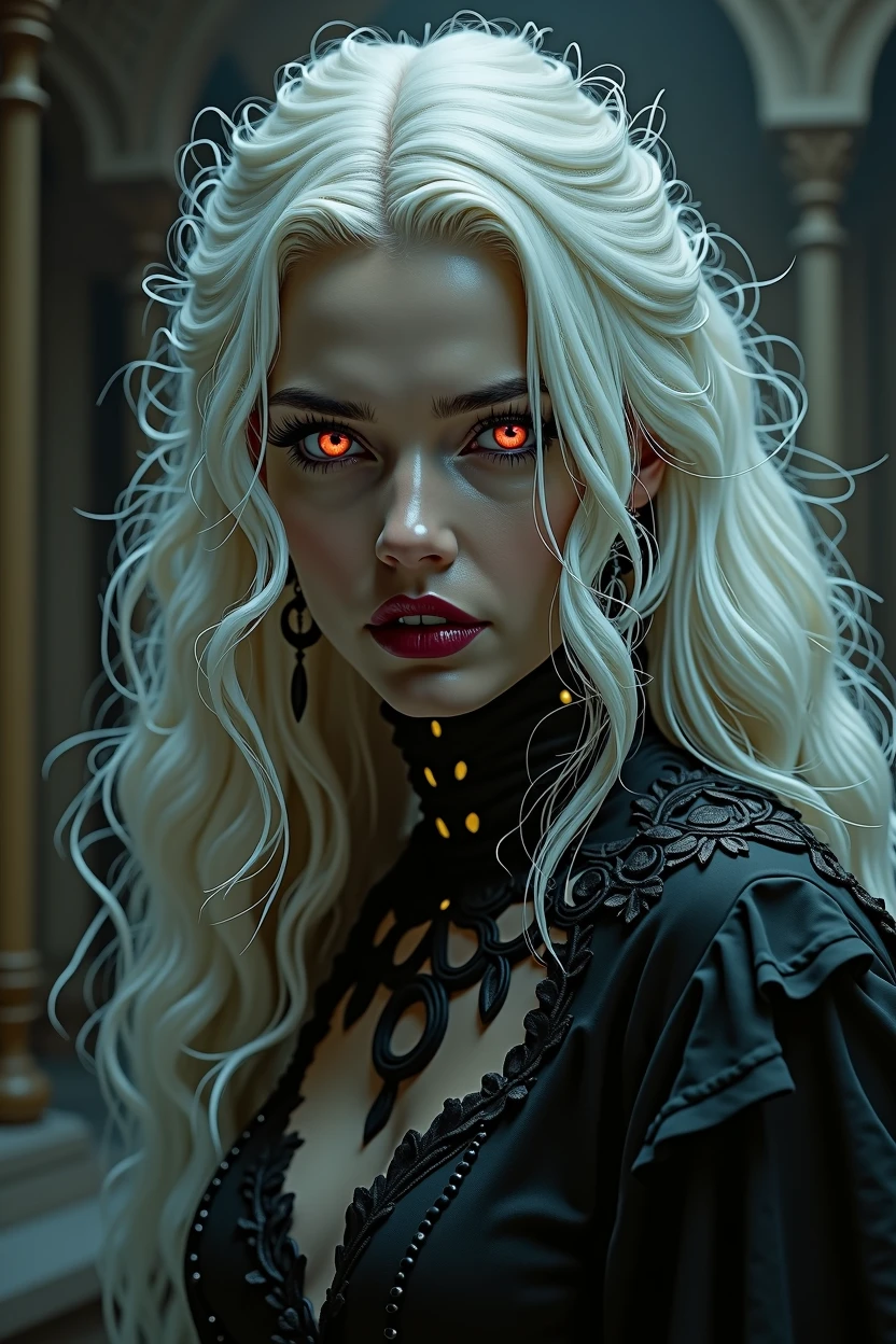 A beautiful Vampire Queen IS Vampire Art. She is stunning, with long thick platinum blonde hair and fierce glowing red eyes. Epic. Cinematic. Dramatic lighting. Gothic. Classic. Abstract. Surreal. Terrifying.
