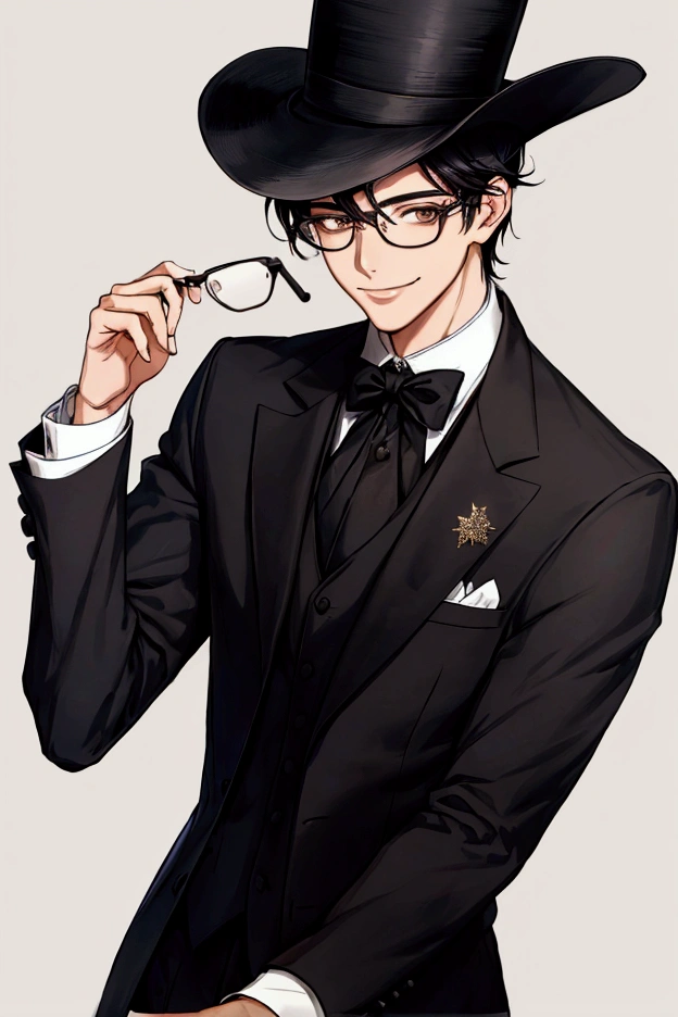 Guy, black hair, hair is styled to side, wears glasses, wears a small top hat, smiling at the camera, handsome, high quality, half body, wearing a fancy suit