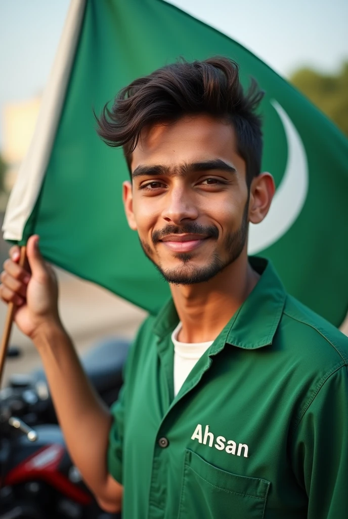 Hot hot 21 year old young boy with simple face smile he catch a Pakistani flag on his hand type his name on his shirt"Ahsan" and behind a have a bike