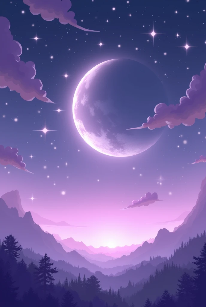 A clear lilac sky and a large waning moon in the center with many large white stars
