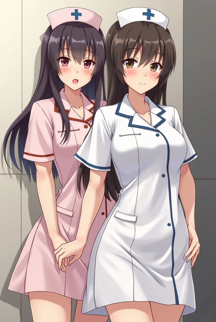 2girls,roromiya,ririchiyo, flat chested, sweaty, stripping off nurse uniform, in a changing room,masterpiece, best quality