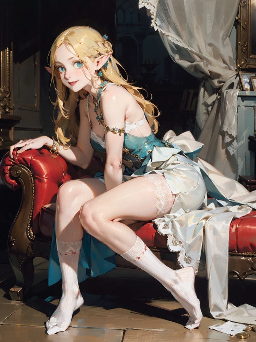 Gothic fashion woman，(masterpiece, Highest quality) detailed,Silver Accessories , blonde ,Pointy Ears ，(Lace Underwear)，Double Tail，Waist-length hair，smile，White lace socks，Rococo、Gorgeous dress
