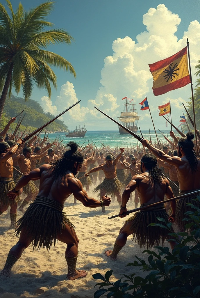 llustrate the fierce confrontation between Lapu-Lapu’s warriors and Magellan’s forces. This could be a historic painting or a stylized graphic representing the intensity of the battle.