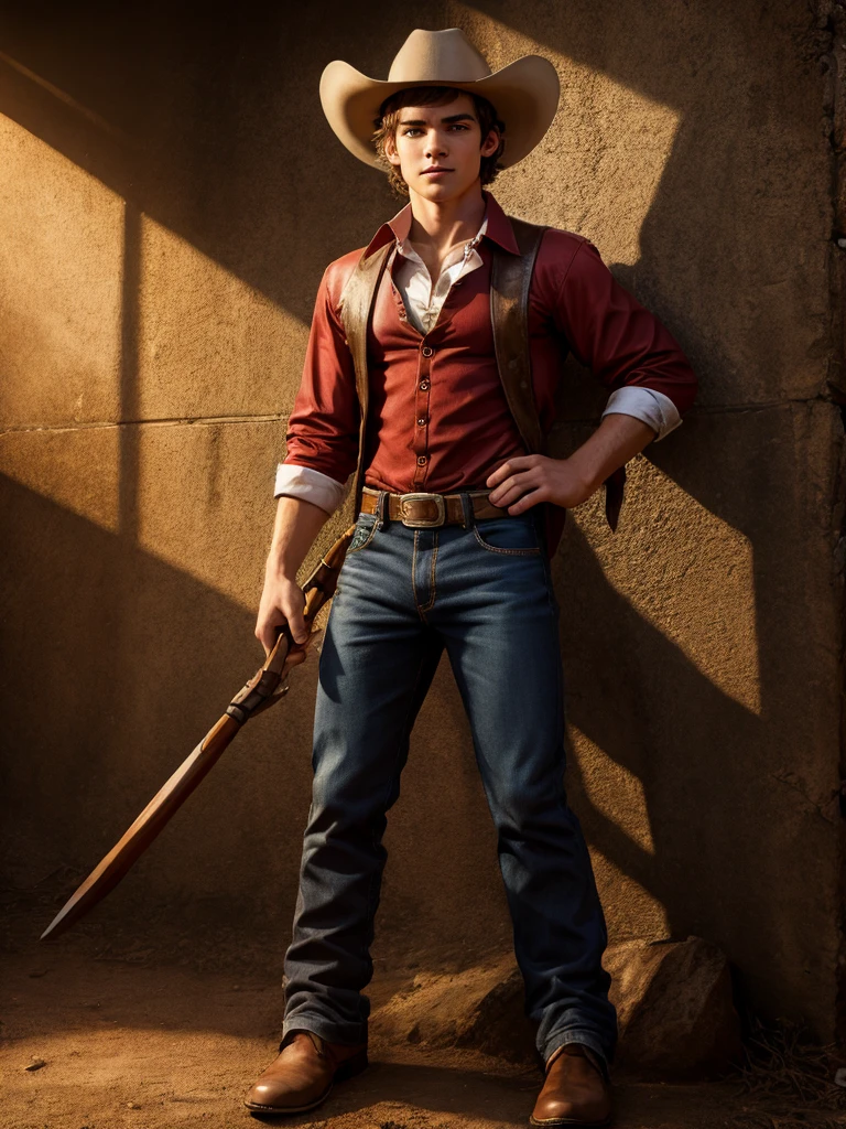 realistic, sfw, an attractive 18 years old fit caucasian boy standing, smug, full body shot, cowboy costume,