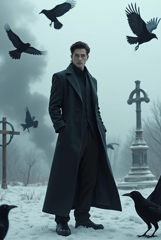 Handsome guy, in black clothes. Wide, black pants, and a long, black coat. Even and beautiful facial features, as well as dark hair. Everything is done in realism, more reality and the guy himself is real. it is winter, he is wearing a slightly warm coat. also, there are a lot of crows and snow, blockages, crosses everywhere. he stands in a beautiful pose, there is smoke everywhere. closer to the screen, black feathers of crows. crows fly