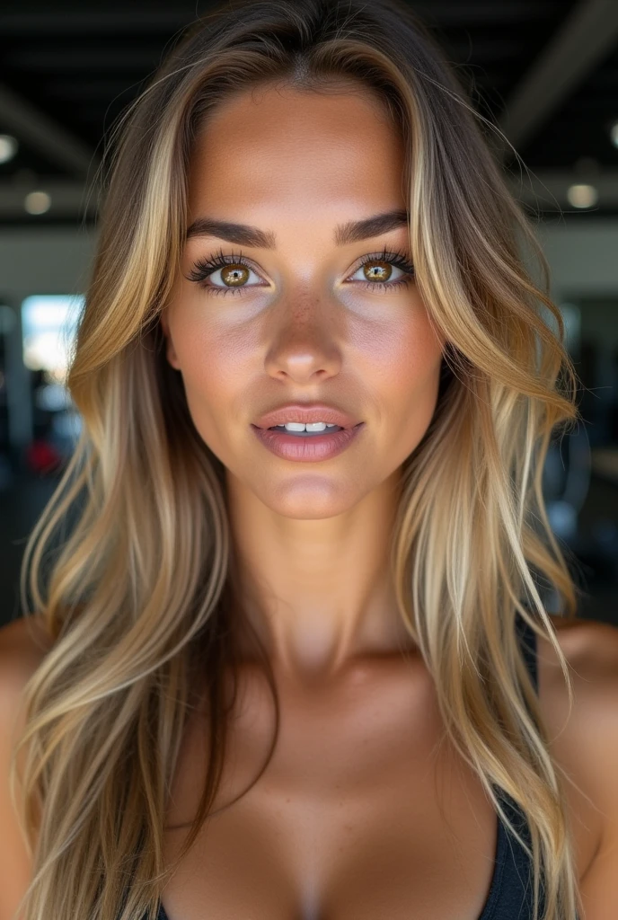 Young 21 year old brunette woman photographed from the front, brown eyes, (blonde long hair), realistic and Detailed face, Beautiful woman, , Detailed face, Beautiful realistic model, long hair, Athletic body, Sexy, Photorealistic, selfie, 4K, natural , detailed skin, warm color tone, Photo in a gym, no tattoos, detailed settings
