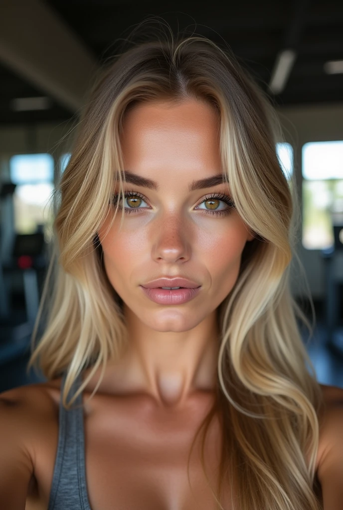 Young 21 year old brunette woman photographed from the front, brown eyes, (blonde long hair), realistic and Detailed face, Beautiful woman, , Detailed face, Beautiful realistic model, long hair, Athletic body, Sexy, Photorealistic, selfie, 4K, natural , detailed skin, warm color tone, Photo in a gym, no tattoos, detailed settings