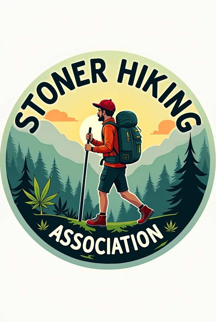 Round Logo for: Hiking club that smokes weed, with name "Stoner Hiking Association" around it, please include more weed