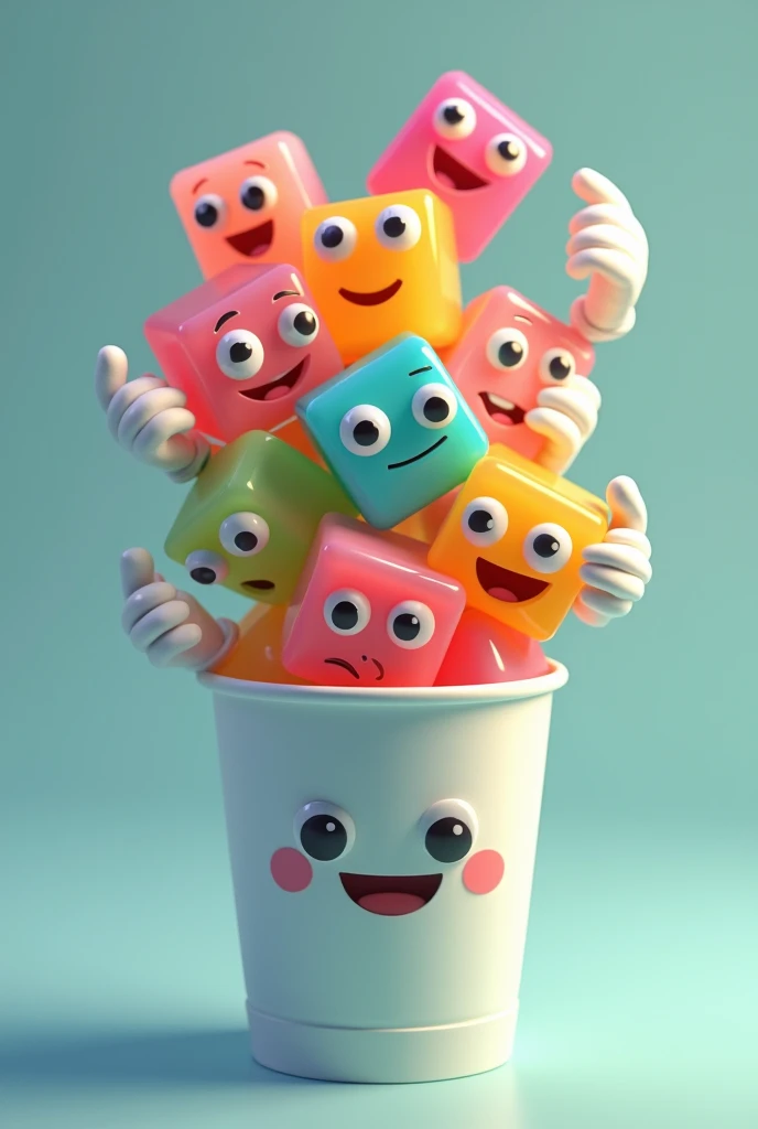 Disposable cup with animated colored gelatin cubes with eyes and hands with white gloves