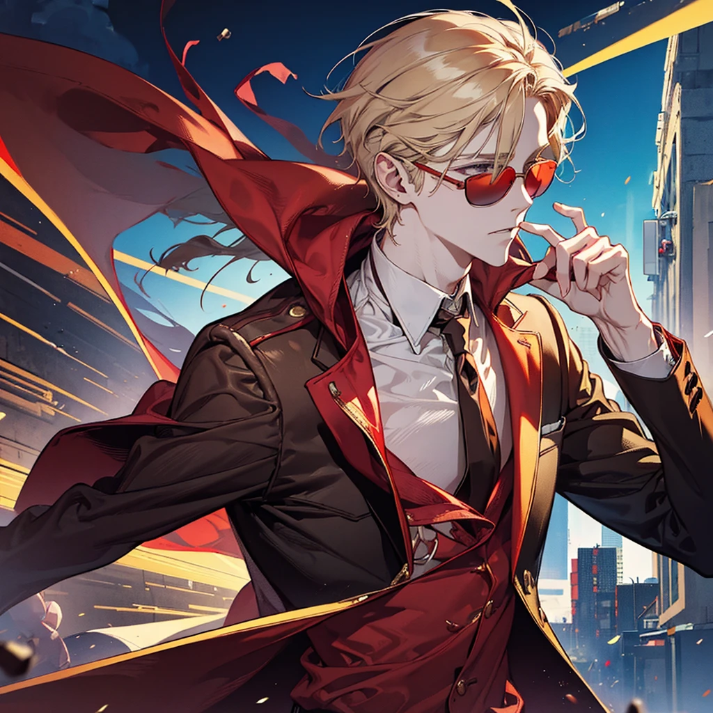 Man, red hoodie, tuxedo under hoodie, tie, blonde, cool, handsome, facing forward, red sunglasses