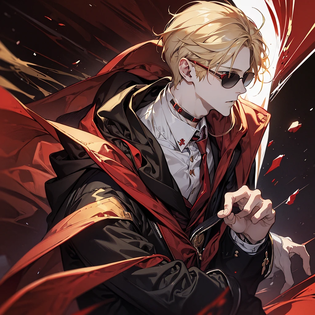 Man, red hoodie, tuxedo under hoodie, tie, blonde, cool, handsome, facing forward, red sunglasses