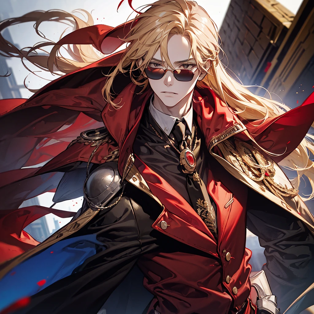 Man, red hoodie, tuxedo under hoodie, tie, blonde, cool, handsome, facing forward, red sunglasses
