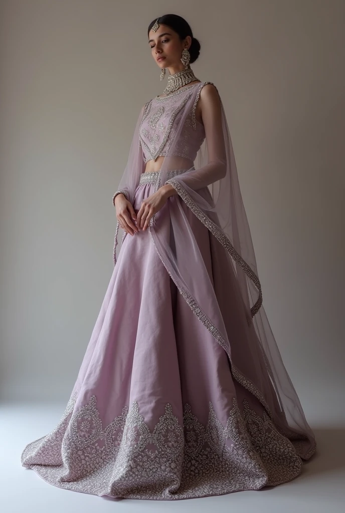 a lehanga, silver beads at the bottom with arching patterns, colour is french lilac #86608E blend with lilac luster, dull colour , less fancy patterns