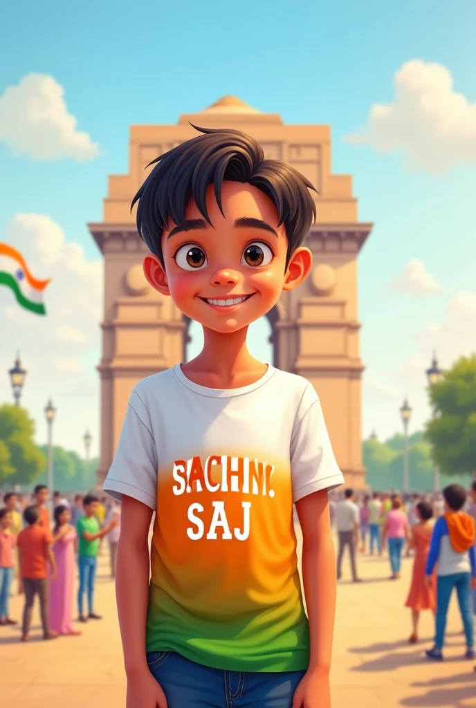 7year boy in white and orange gradient t shirt the name "SACHIN SAJ" with Indian flag infront of India gate new delhi, and the  caption independence day 