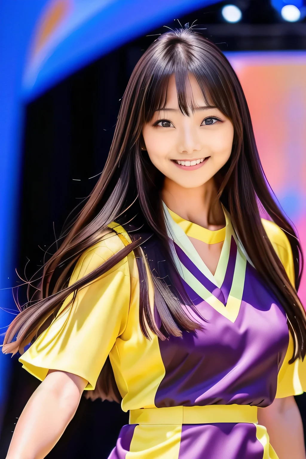 A long-haired woman in her fifties walking down the runway in a dress, close up Another Iwakura, Chiho, A shy smile, close up of Another Iwakura, Happy smile, seifuku, Another Iwakura, My motto is Teshirogi, Larisa Manovar, harumi, shikamimi, Hime cut, Face that faithfully reproduces the face of LoRA, High resolution, Very detailed, Natural Bangs, highest quality