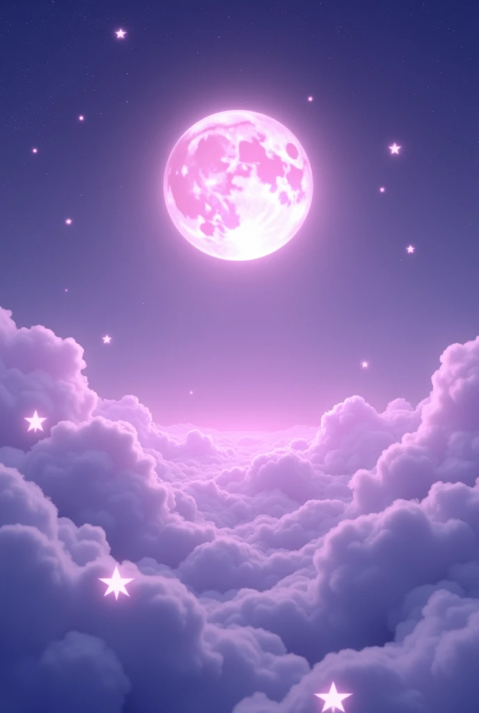 A clear lilac sky and a large waning moon in the center with many large white stars