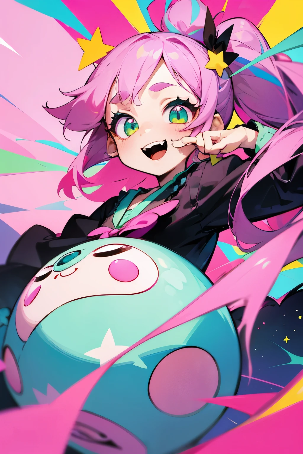 Girl, fluffy hair, pink hair, long hair, big eyes, long eyelashes, small side ponytail, colorful green eyes, round eyes, stars in the eyes, open mouth, jagged teeth, joy, pop, cute, Colorful, happy pose, dynamic, pastel, (colorful:1), (sketch:0.3), (hyper pop:1), Jirai Kei, (realistic:1.3)