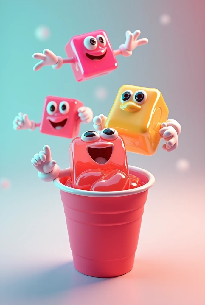 Disposable cup with animated colored gelatin cubes with eyes and hands with white gloves