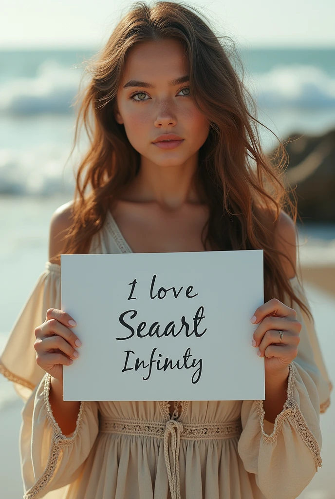 Beautiful girl with wavy long hair, bohemian dress, holding a white board with text "I Love Seaart Infinity" and showing it to the viewer