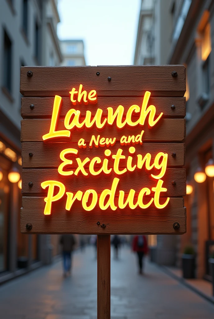 A large eye-catching advertisement featuring a wooden sign  facing the camera with the exact words "the Launch of a New and Exciting Product" prominently displayed in a  burnt darker colour than the wood. The words are cut out in 3D, bold, and cursive typography, the sign should be exciting as it is a new product launch