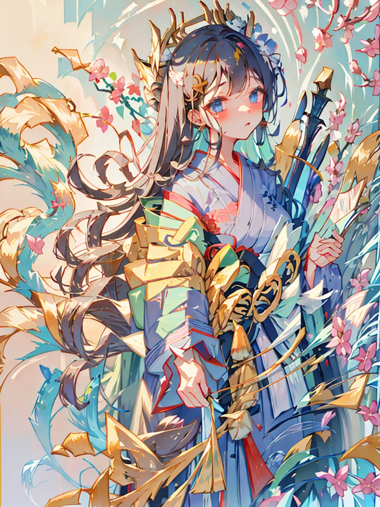 kimono、Holding a sword、Petals falling