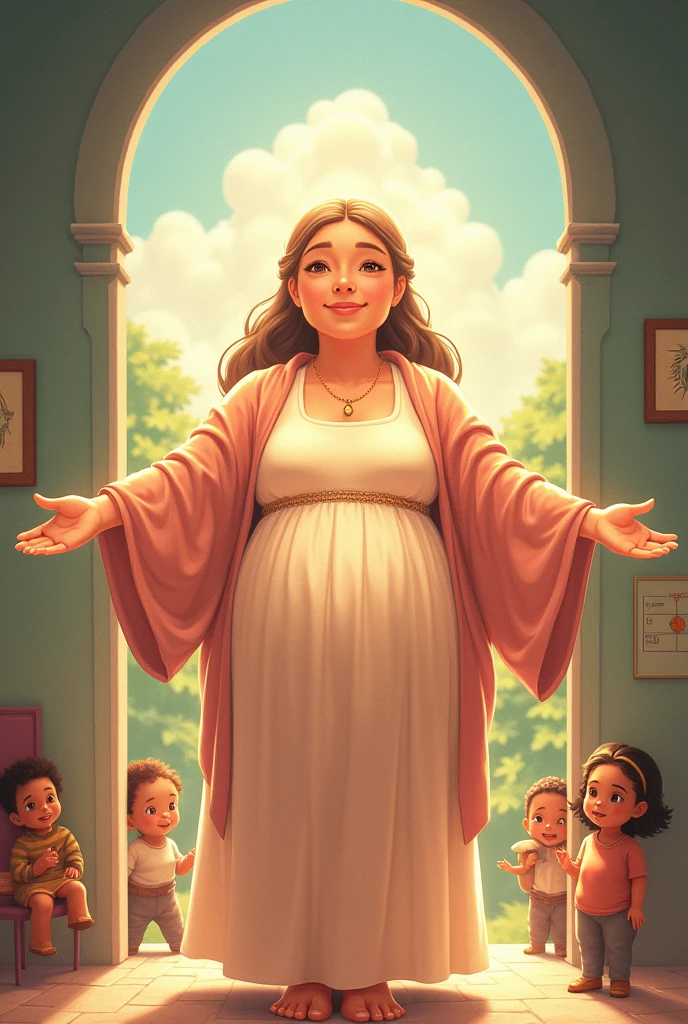 goddess, Mother Goddess, warm smile, plump, In an orphanage, Anime Style
