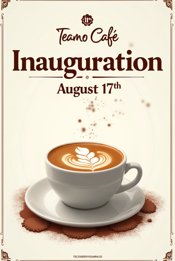 Create the hd inauguration poster with added cuppuccino for teamo cafe with veriety font inauguration on august 17th 
