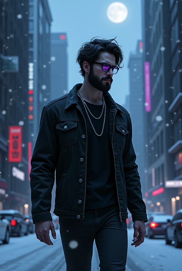 (realistic) (Serious expression) (Back pose, looking back) 1 white adult male with bright violet irises, broad shoulders, messy black hair parted in the middle and short beard. Wearing an open black denim jacket, a black shirt underneath, regular black-framed glasses, and a silver chain around his neck. Walking out of a dark alley in a futuristic city at night with heavy snowfall and blue moonlight.