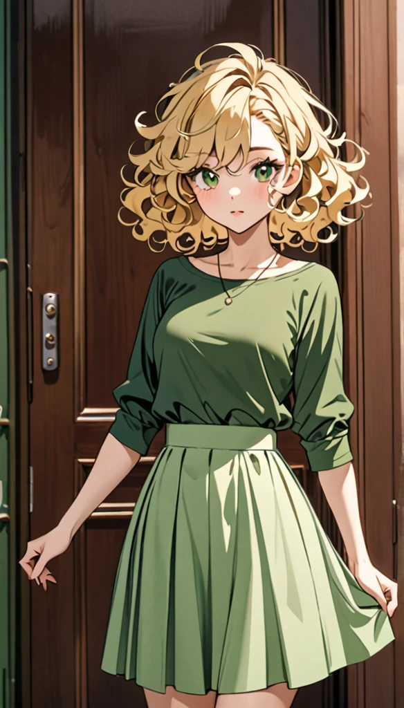 Beautiful and blond, messy styled hair, curly hair, green top, stylish skirts, looking fancy