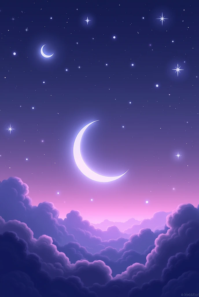A clear lilac sky and a large waning moon in the center with many large white stars