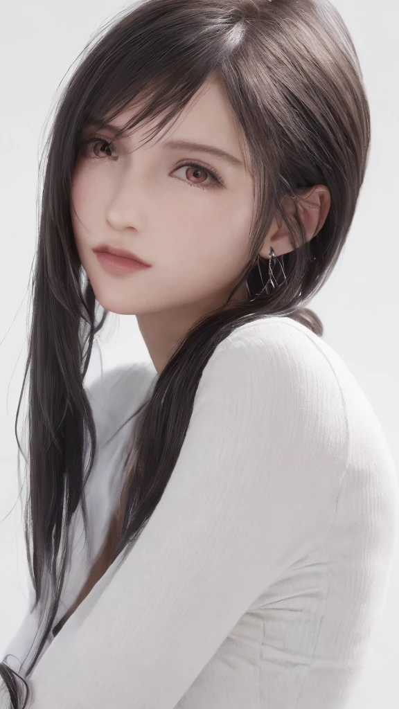 8K Ultra HD、RAWphoto、モデルphoto撮影、 European shoelaces、(masterpiece、best quality、Practical、high resolution、photo:1.3)、closure、focus on、Popular Models、Slim、30 years old adult、Small face、No makeup、short hair、Beautiful dark brown haine eyes、realスキン、(Perfect body)、Sexy hot face、、Sexual Vision、Slim、shirt、Long sleeve、Hide your breasts、Beautiful eyes in every detail、Glossy lips、Small Breasts、Small Breasts、Bust B cup、((Bright Light、Dynamic Lighting、real、超real、 realism、realなディテール、Cruel beauty、Cool pose、Background white、Pure white background