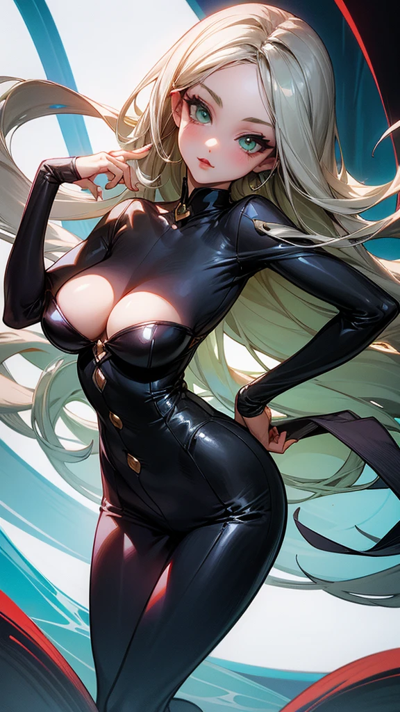dc comic panel, age girl, fair pale skin, emerakd green eyes, feline slender really big eyes shape, dark chestnut long waves hair, long lashes, eyeliner, red lips, full and plump with a pout at the top lips, oval and heart face shape mix, shorter face, shorter chin, button upturned nose, blackcat suit, hourglass voluptuos body, bust 84 cm, waist 57 cm, hips 86 cm, bra size 34 D, long and slender legs, tall woman