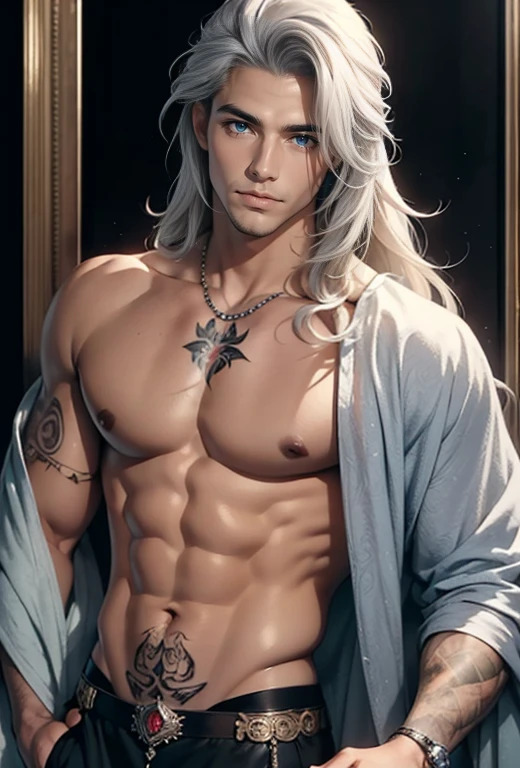 8k, sophisticated, elegant, Highly detailed, majestic, digital photography, Surreal painting, magic, magic, fairy tale, (Masterpiece, side light), hdr, (Bright blue eyes)), Naked upper body, (shiny tattoo), Handsome adult man, long beautiful straight platinum hair below the shoulders, Muscular, tanned skin, Handsome, in front of the camera, a masterpiece. realistic. full-length image. Long hair below the shoulders. grey clothes. an adult male. Realistic image. Masterpiece, beautiful face, beautiful facial features, perfect image, realistic photos, full-length image, 8k, detailed image, extremely detailed illustration, a real masterpiece of the highest quality, with careful drawing. Realistic image.