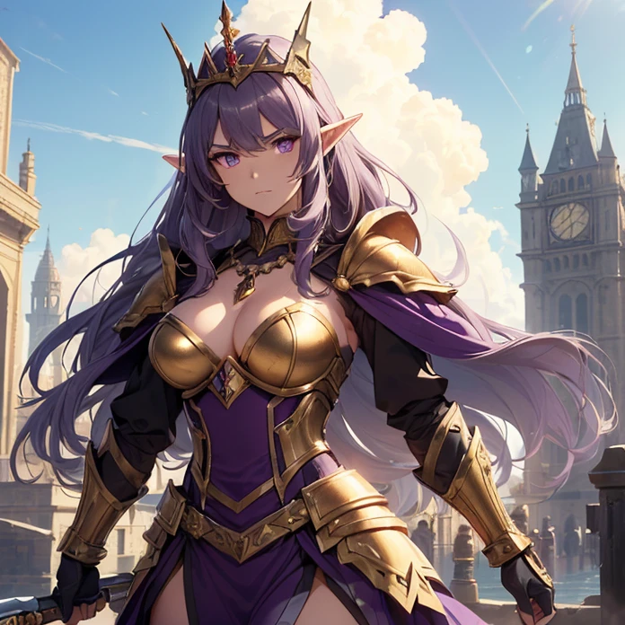 (absurdres, Masterpiece, best high quality image, carefuly detailed features and textures, very detailed image, no deformity, good anatomy, full character view and design, character alone "Warhammer's aesthetic") {{(1character:900 years old brown-haired elf noble mature beautiful milf princess:,(dark-brown short-messy-spiky-hair with ahoge, fair skin, purple eyes, brown eyebrows, absolute feminine elder beauty, bravery and leadership feminine),(she wears: purple bulky full super elven power-armor, full heavy cuirass armor, full bulky big and sharped shoulder plates with gold trims, full armored arms and elbows in purple steel, full armored purple gauntlets, full armored steel hips, full armored legs, full steel longboots, steel purple open helmet with tiara at the top,red-jewell gold-necklace),(she is: marching at the tower, watching with courage and seriousness thevsituation),(castle's deffensive tower, radiant sun in the sky, midday light-blue sky, several golden cannons over the tower's platform)}}