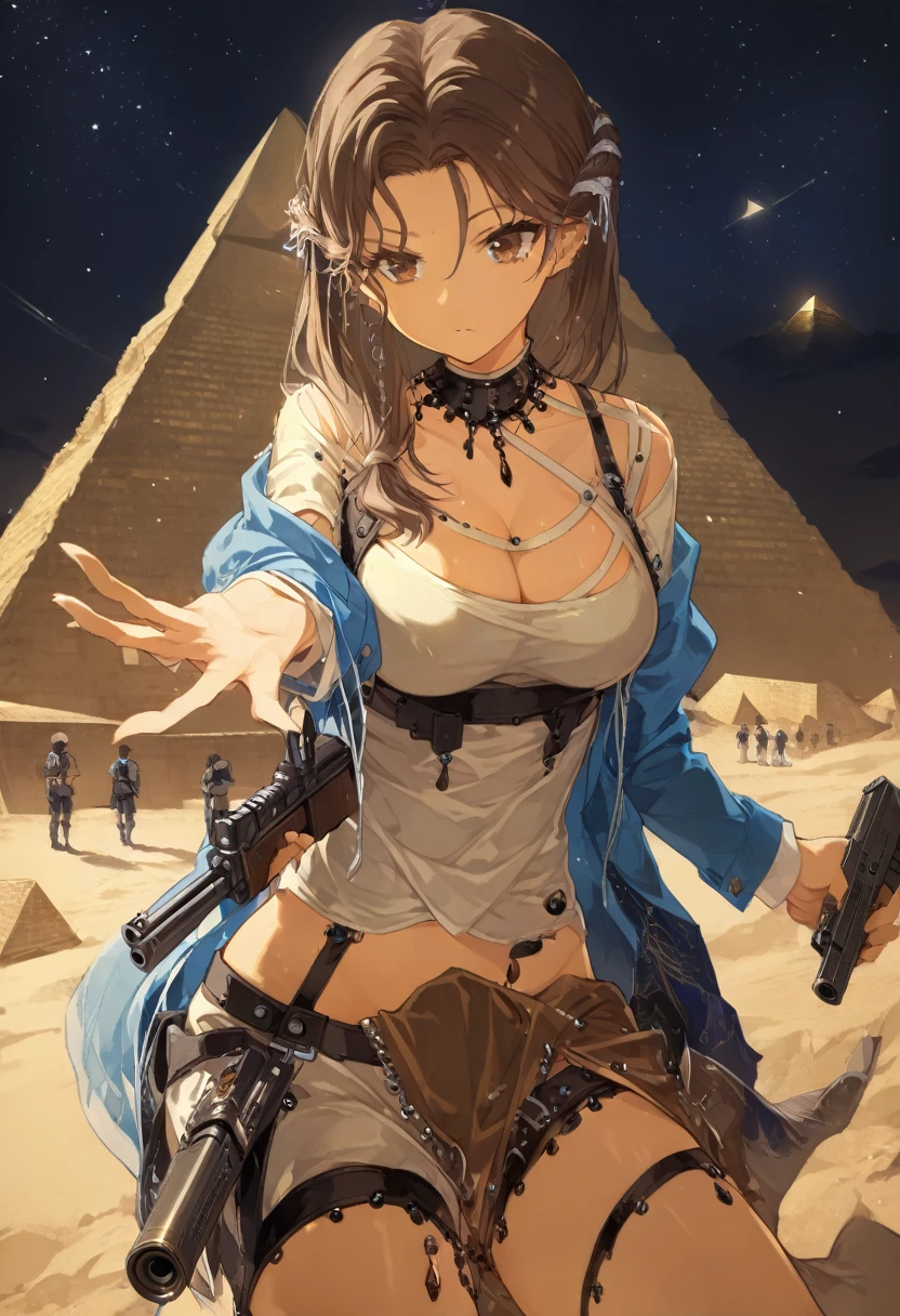 1girl, brown hair, brown eyes, fully clothed, guns with straps, looking at pyramid, nighttime, mans arm giving her gun ammo, reaching out for ammo from 1boys hand