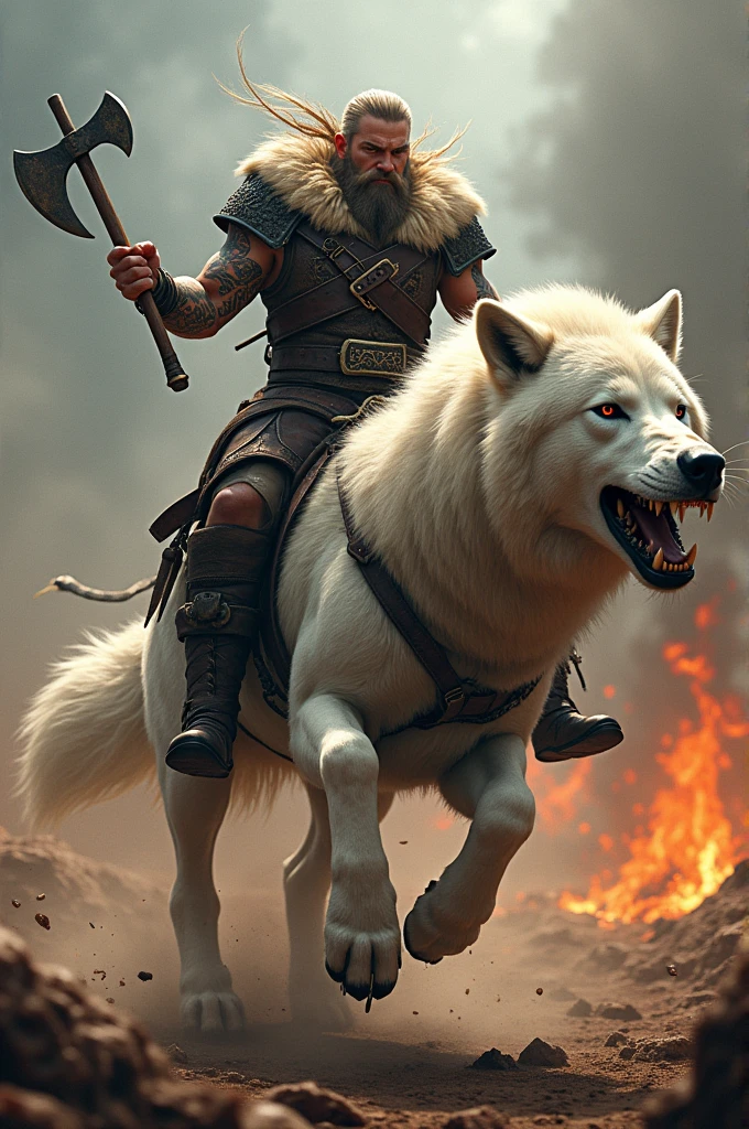 a viking warrior,(A fierce Viking warrior with a fierce expression),She is riding a giant albino wolf into the middle of a battle. (He wears leather armor and a horned helmet..), , Warrior attitude, Dark and strong appearance, strong and muscular build,She rides the wolf confidently in a dramatic pose, holding a battle axe high, brandishing an intimidating sword, powerful presence, strong and determined facial expression, Scars and battle wounds on his face., Viking-inspired tattoos covering his arms and body., A tattoo of a dragon on his neck.,In the background a battle with blood and fire. Lighting and cinematic composition, dramatic shadows and lights, Photorealistic textures and details, Realistic and vibrant colors, Vivid backgrounds and landscapes, Very detailed hairstyles and hairdos., Quality and resolution of masterpieces, Powerful and cinematic atmosphere., Creating a sense of wonder and intimidation.