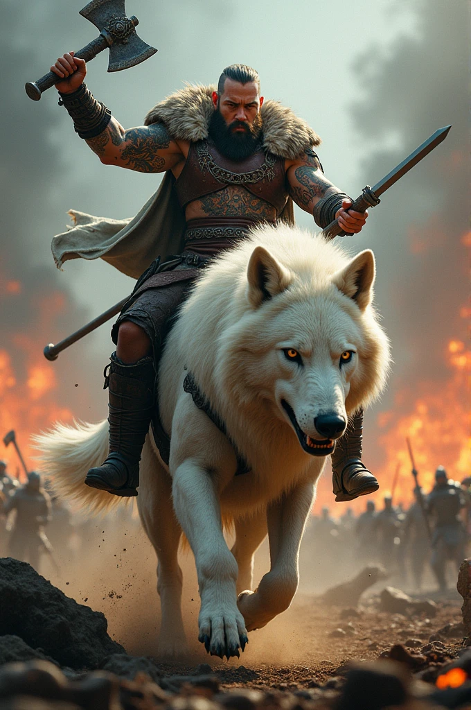 a viking warrior,(A fierce Viking warrior with a fierce expression),She is riding a giant albino wolf into the middle of a battle. (He wears leather armor and a horned helmet..), , Warrior attitude, Dark and strong appearance, strong and muscular build,She rides the wolf confidently in a dramatic pose, holding a battle axe high, brandishing an intimidating sword, powerful presence, strong and determined facial expression, Scars and battle wounds on his face., Viking-inspired tattoos covering his arms and body., A tattoo of a dragon on his neck.,In the background a battle with blood and fire. Lighting and cinematic composition, dramatic shadows and lights, Photorealistic textures and details, Realistic and vibrant colors, Vivid backgrounds and landscapes, Very detailed hairstyles and hairdos., Quality and resolution of masterpieces, Powerful and cinematic atmosphere., Creating a sense of wonder and intimidation.