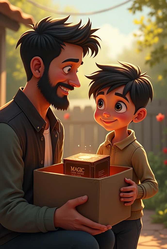 Nico and his dad are in the backyard. Dad holds a big box and Nico, with wide open eyes, is about to open it. Inside the box, you can see the old book “Magic Cars”: The Hidden History” partially visible.