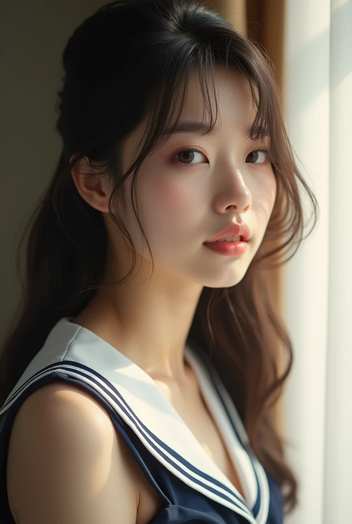 nsfw, Top quality, RAW images, real face, incredibly beautiful girl, cute, silky, Korean girl,soft and shiny hair, Depth of written borders, High accuracy, Very detailed,ملابس تدريب ،عيون ووجه Very detailed, students sharp, Real students, Intense focus, Cinema Lighting, small, (small breasts:1.2), (Moderate build, , cute), thin hips, (Moderate build waist:1.2), Sensitive and sexy collarbone, (sailor suit:1.2), (Lifting sailor suit to show off a small cute bra:1.5)))、
