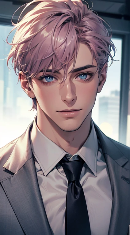 (Highest quality,4K,8K,High resolution,masterpiece:1.2),Super detailed,(Realistic,photoRealistic,photo-Realistic:1.37),1 person,31 years old,Mature Men,Beautiful skin、very handsome,Expressionless,smile,Short gray pink hair,blue eyes,Sharp Eyes,A perfect face without a doubt,Businessman,Office Background,Cinema Lighting,HDR image,tie、