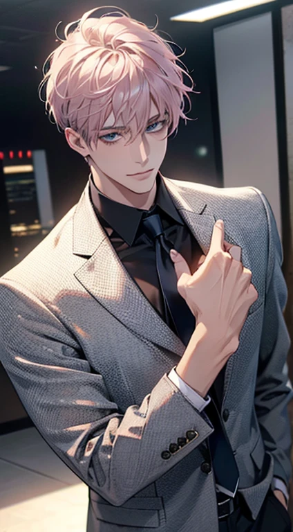 (Highest quality,4K,8K,High resolution,masterpiece:1.2),Super detailed,(Realistic,photoRealistic,photo-Realistic:1.37),1 person,31 years old,Mature Men,Beautiful skin、very handsome,Expressionless,smile,Short gray pink hair,blue eyes,Sharp Eyes,A perfect face without a doubt,Businessman,Office Background,Cinema Lighting,HDR image,tie、