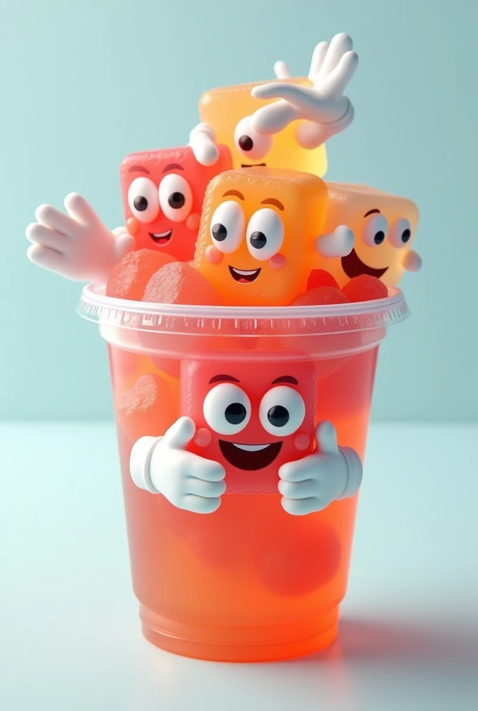 Disposable cup with animated colored gelatin cubes with eyes and hands with white gloves