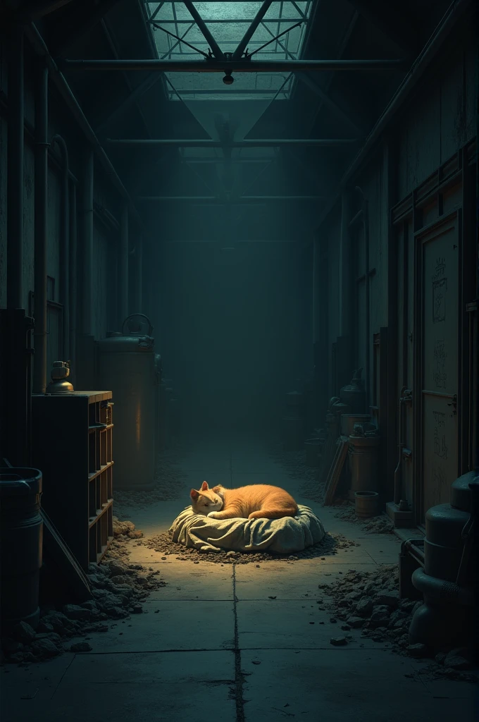 A small, dim corner of the factory where Whiskers rests on a bed made of old rags. The area is shadowy, emphasizing his solitude, with a faint light casting soft shadows.