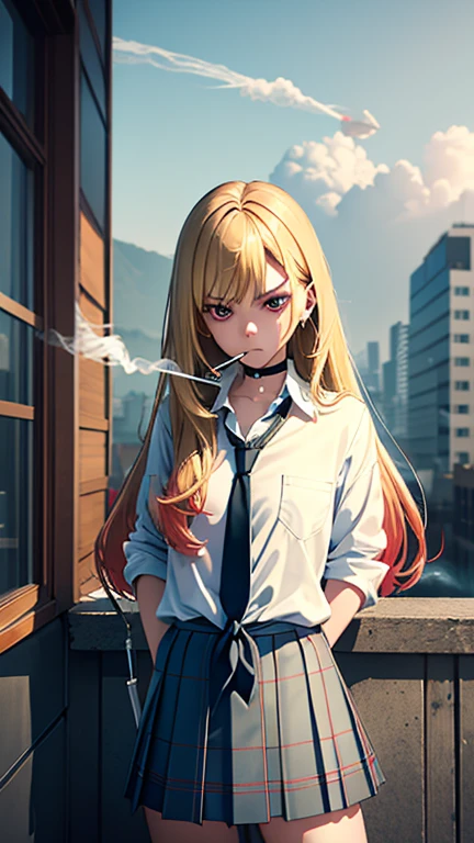 best quality, high quality, ultra quality, 8k, masterpiece, detailed, extremely detailed, insanely detailed, ultra detailed, ultra highres ,exquisite,
lifelike Images,cinematic experience,UHD picture,Realistic,photorealistic,hyperrealistic,vivid,RAW photo,shot by DSLR, One girl, (Smoking a cigarette:1.3),masterpiece, best quality, highres, kitagawa marin, 1girl, blonde hair, long hair, multicolored hair, red eyes, jewelry, earrings, piercing, school uniform, white shirt, tied shirt, black choker, blue necktie, plaid skirt, standing, cowboy shot, outdoors,A displeased expression, glaring at me