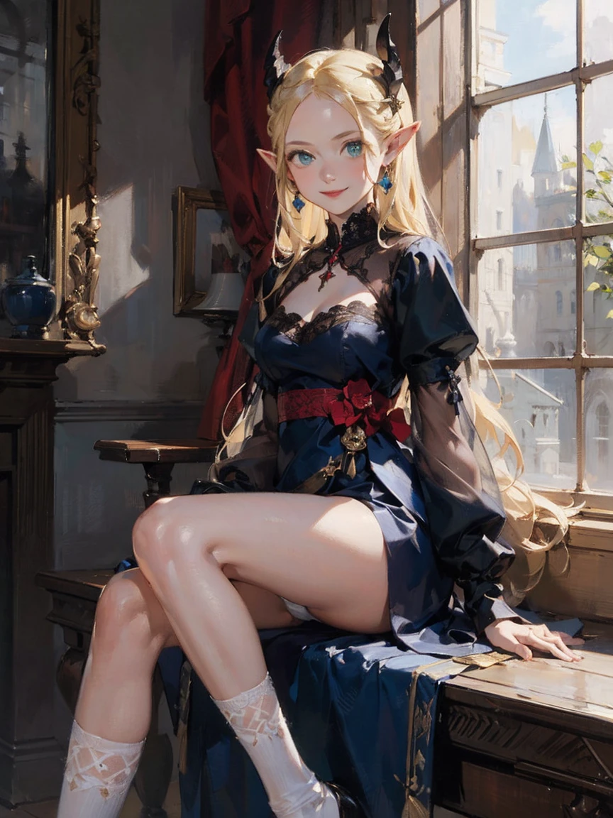 Gothic fashion woman,(masterpiece, Highest quality) detailed,Silver Accessories , blonde ,Pointy Ears ,(Lace Underwear),Double Tail,Waist-length hair,smile,White lace socks,Rococo、Gorgeous dress