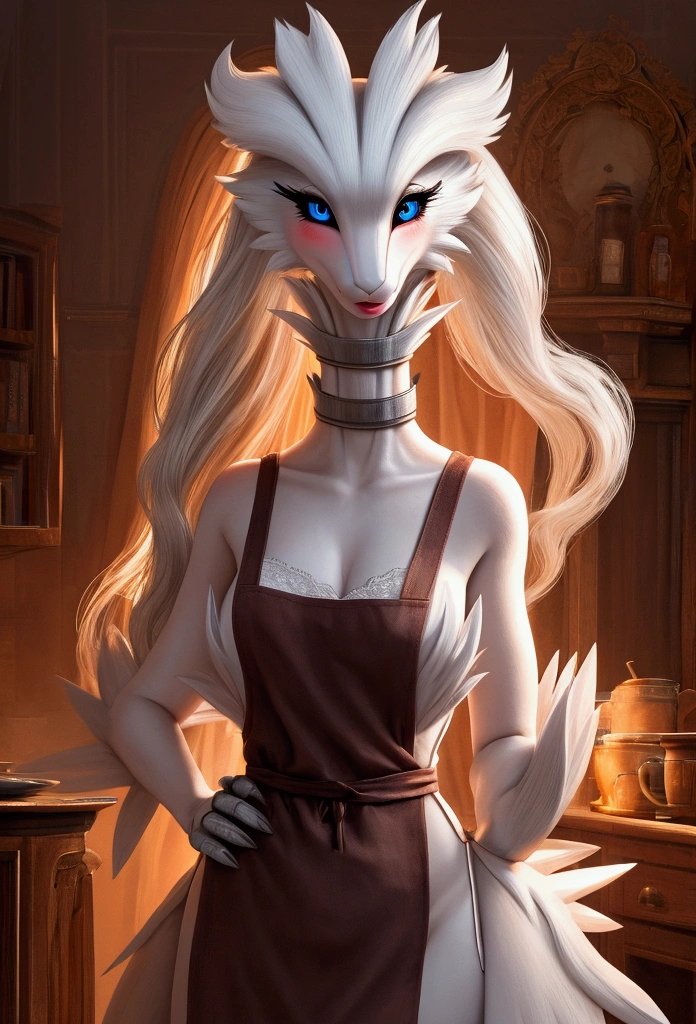 Reshiram, furry, apron set, detailed facial features, beautiful eyes, beautiful lips, long eyelashes, sexy body, blushing, hands on waist, high resolution, masterpiece, photorealistic, digital art, intricate details, dramatic lighting, warm color palette, soft shading