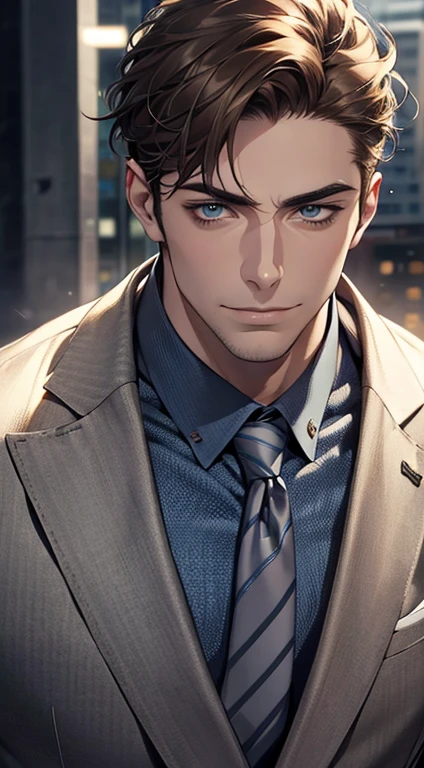 (best quality,4k,8k,highres,masterpiece:1.2),ultra-detailed,(realistic,photorealistic,photo-realistic:1.37),1 man,31 years old,mature man,very handsome,without expression,smile,short grey brown hair,blue eyes,penetrating gaze,perfect face without errors,imposing posture,businessman,office background,cinematic lighting,hdr image